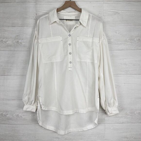 Free People Oversized Tunic Top Women S White Linen Blend Balloon Sleeves Button - Picture 1 of 15